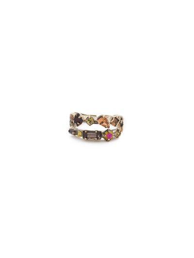 Delicate Multi-Cut Double Band Cocktail Ring - RDB4AGGTA - <p>Stacking made easy! This delicate, double banded design features rows of multi-cut crystals. Ring size: 7 (US) From Sorrelli's Green Tapestry collection in our Antique Gold-tone finish.</p>