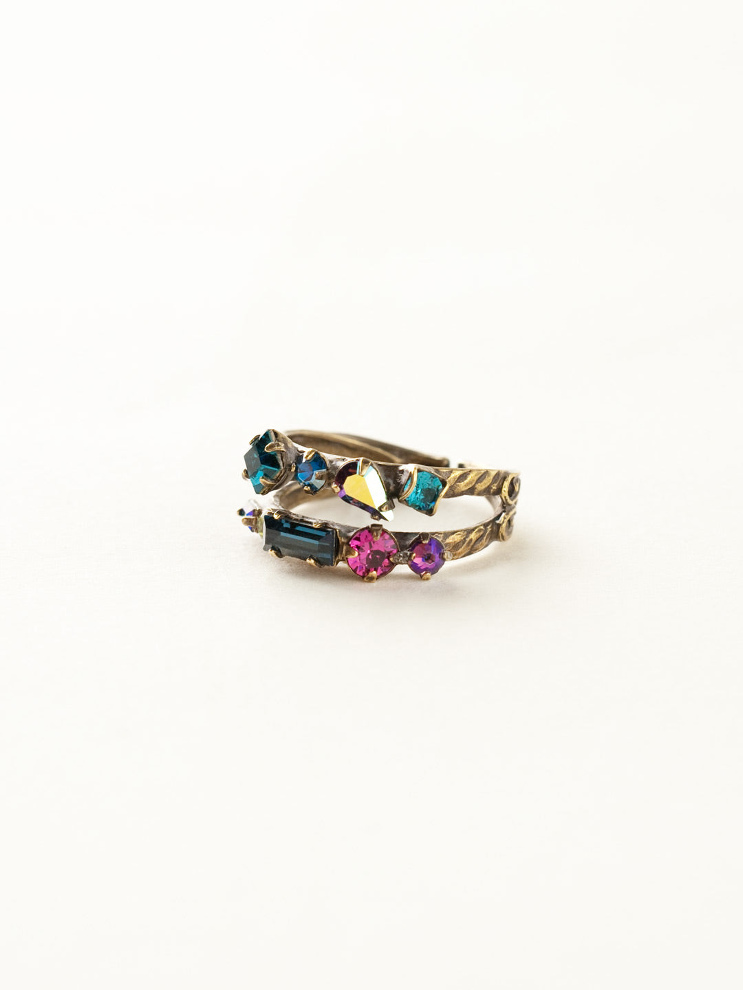 Delicate Multi-Cut Double Band Cocktail Ring - RDB4AGSPM - <p>Stacking made easy! This delicate, double banded design features rows of multi-cut crystals. Ring size: 7 (US) From Sorrelli's Super Multi collection in our Antique Gold-tone finish.</p>