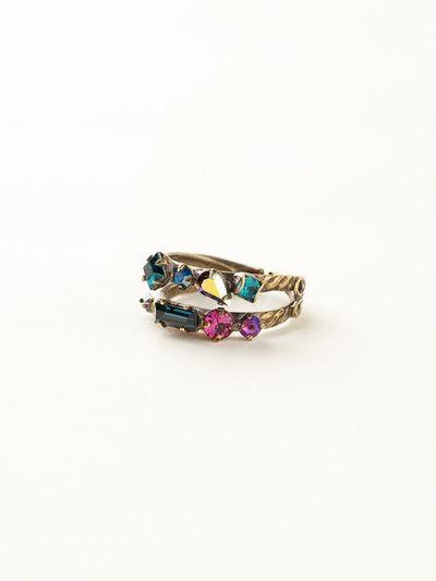 Delicate Multi-Cut Double Band Cocktail Ring - RDB4AGSPM - <p>Stacking made easy! This delicate, double banded design features rows of multi-cut crystals. Ring size: 7 (US) From Sorrelli's Super Multi collection in our Antique Gold-tone finish.</p>