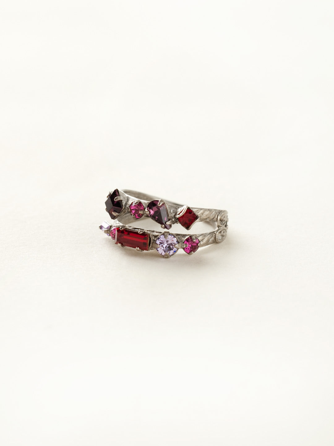 Delicate Multi-Cut Double Band Cocktail Ring - RDB4ASPR - <p>Stacking made easy! This delicate, double banded design features rows of multi-cut crystals. Ring size: 7 (US) From Sorrelli's Pink Ruby collection in our Antique Silver-tone finish.</p>