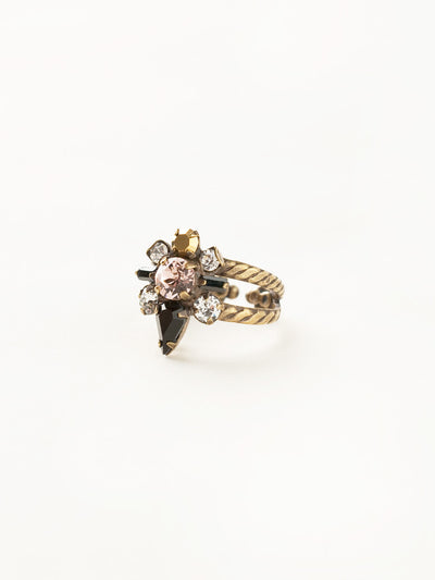 Round Crystal Starburst Cocktail Ring - RDB5AGBF - <p>A cluster of round, teardrop, and baguette cut crystals sit center on this starburst shaped ring. Ring size: 7 (US) From Sorrelli's Black Fringe collection in our Antique Gold-tone finish.</p>