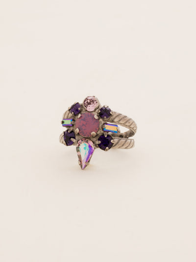 Round Crystal Starburst Cocktail Ring - RDB5ASAFV - <p>A cluster of round, teardrop, and baguette cut crystals sit center on this starburst shaped ring. Ring size: 7 (US) From Sorrelli's African Violet collection in our Antique Silver-tone finish.</p>