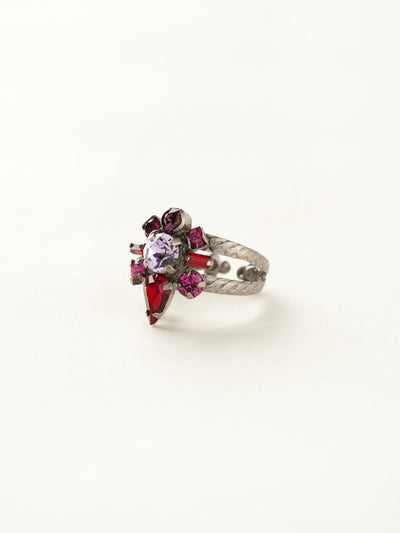 Round Crystal Starburst Cocktail Ring - RDB5ASPR - <p>A cluster of round, teardrop, and baguette cut crystals sit center on this starburst shaped ring. Ring size: 7 (US) From Sorrelli's Pink Ruby collection in our Antique Silver-tone finish.</p>