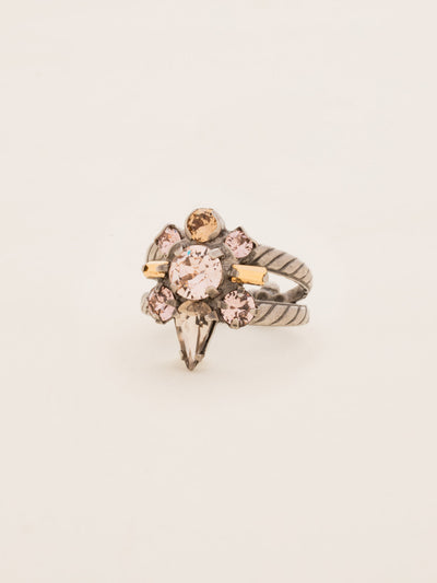 Round Crystal Starburst Cocktail Ring - RDB5ASSND - <p>A cluster of round, teardrop, and baguette cut crystals sit center on this starburst shaped ring. Ring size: 7 (US) From Sorrelli's Sand Dune collection in our Antique Silver-tone finish.</p>