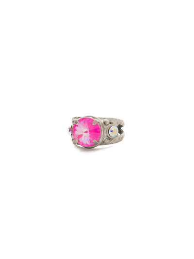 Radiant Round Cocktail Ring - RDG3ASPMU - <p>A large round crystal set on a textured ring band accompanied by petite round crystals for the perfect sparkle on any occasion! Ring size: 7 (US) From Sorrelli's Pink Mutiny collection in our Antique Silver-tone finish.</p>