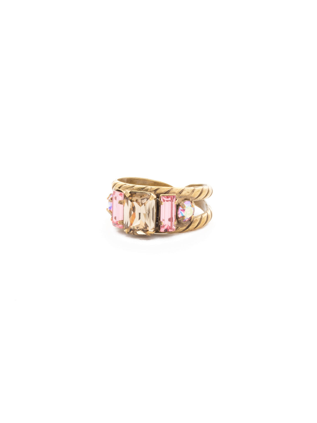 Petite Geo Cocktail Ring - RDG78AGBCM - <p>Emerald-cut, baguette, and round crystals all sit in a row on this geometric ring. A braided, double band features a decorative metal design Ring size: 7 (US) From Sorrelli's Beach Comber collection in our Antique Gold-tone finish.</p>