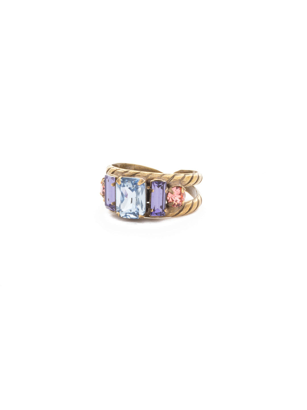 Petite Geo Cocktail Ring - RDG78AGBHB - <p>Emerald-cut, baguette, and round crystals all sit in a row on this geometric ring. A braided, double band features a decorative metal design Ring size: 7 (US) From Sorrelli's Bohemian Bright collection in our Antique Gold-tone finish.</p>