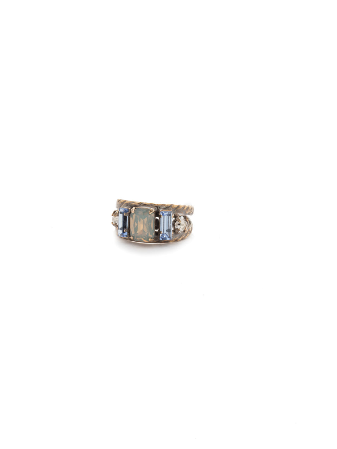 Petite Geo Cocktail Ring - RDG78AGCMI - <p>Emerald-cut, baguette, and round crystals all sit in a row on this geometric ring. A braided, double band features a decorative metal design Ring size: 7 (US) From Sorrelli's Coastal Mist collection in our Antique Gold-tone finish.</p>