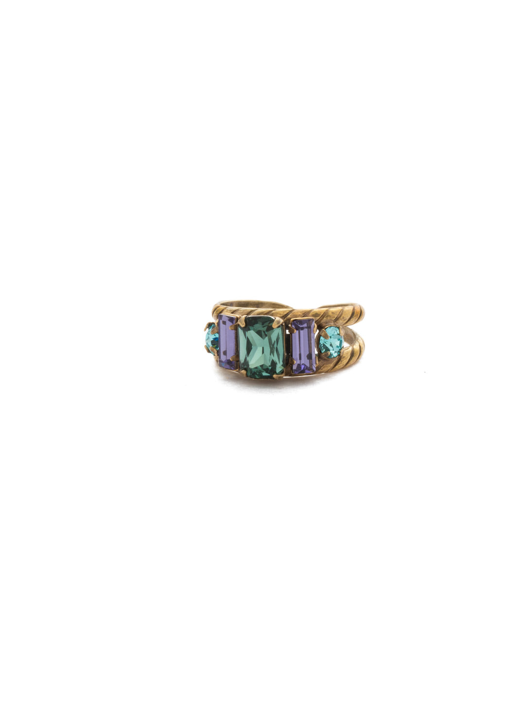 Petite Geo Cocktail Ring - RDG78AGJT - <p>Emerald-cut, baguette, and round crystals all sit in a row on this geometric ring. A braided, double band features a decorative metal design Ring size: 7 (US) From Sorrelli's Jewel Tone collection in our Antique Gold-tone finish.</p>