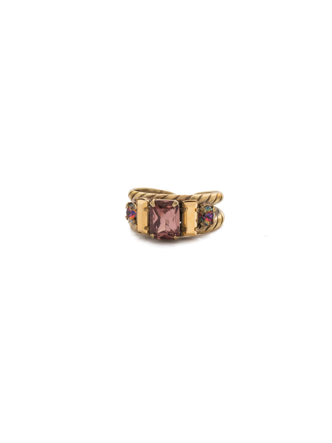 Petite Geo Cocktail Ring - RDG78AGM - <p>Emerald-cut, baguette, and round crystals all sit in a row on this geometric ring. A braided, double band features a decorative metal design Ring size: 7 (US) From Sorrelli's Mahogany collection in our Antique Gold-tone finish.</p>