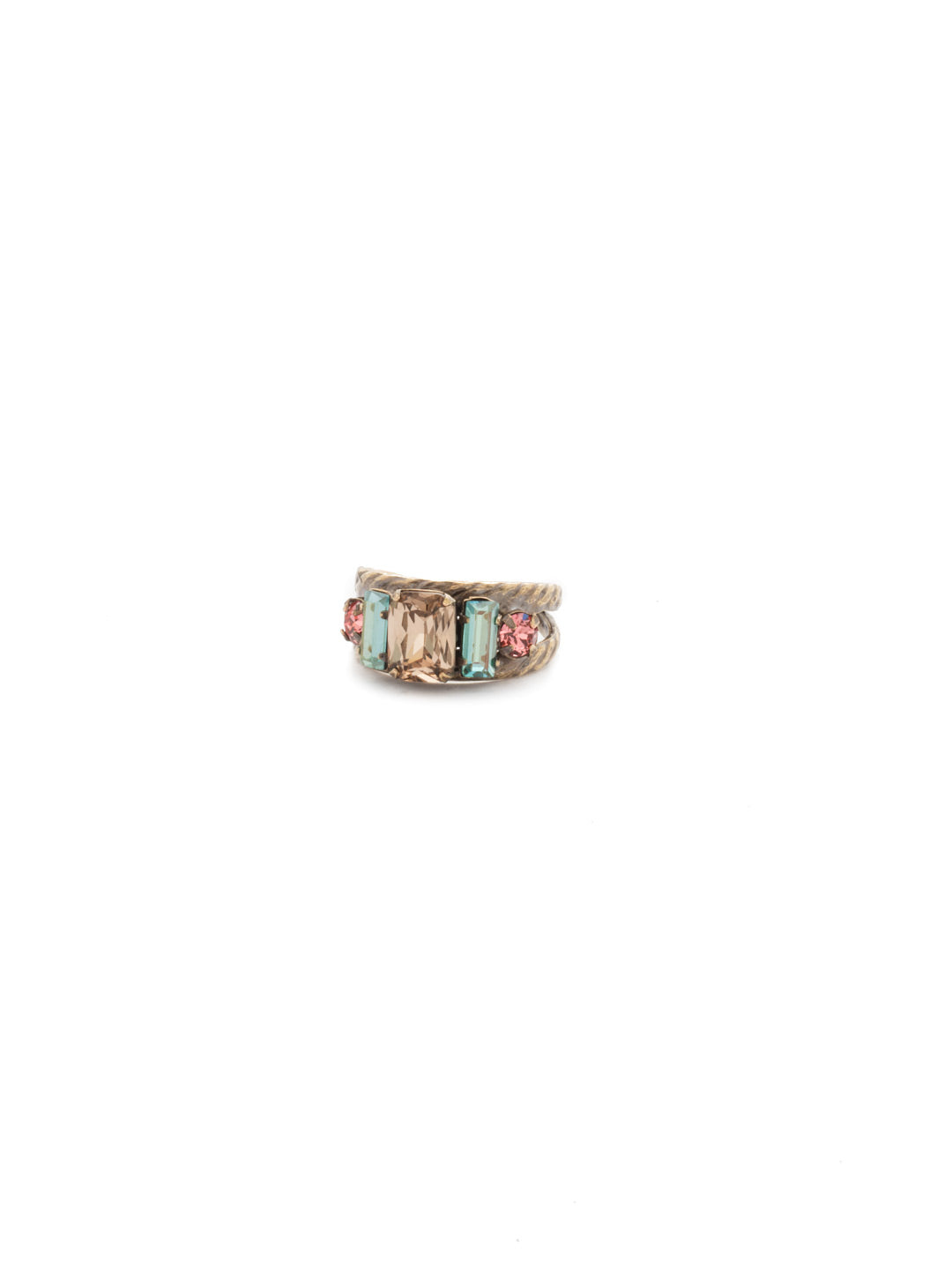 Petite Geo Cocktail Ring - RDG78AGRB - <p>Emerald-cut, baguette, and round crystals all sit in a row on this geometric ring. A braided, double band features a decorative metal design Ring size: 7 (US) From Sorrelli's Rustic Bloom collection in our Antique Gold-tone finish.</p>