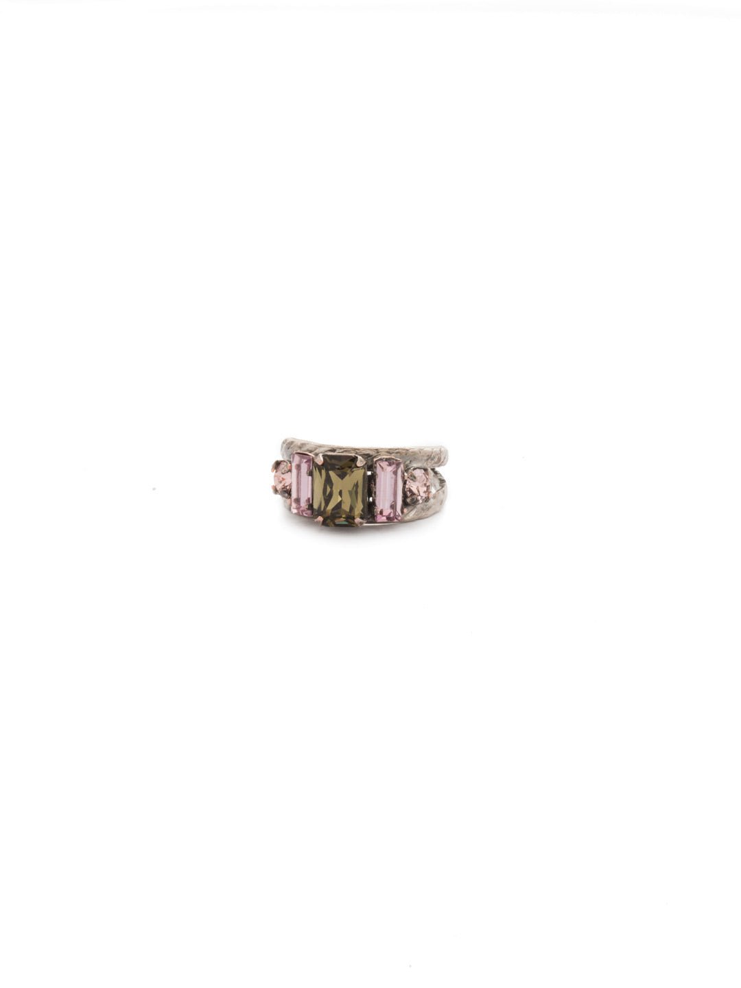 Petite Geo Cocktail Ring - RDG78ASAG - <p>Emerald-cut, baguette, and round crystals all sit in a row on this geometric ring. A braided, double band features a decorative metal design Ring size: 7 (US) From Sorrelli's Army Girl collection in our Antique Silver-tone finish.</p>