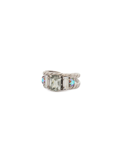 Petite Geo Cocktail Ring - RDG78ASCRO - <p>Emerald-cut, baguette, and round crystals all sit in a row on this geometric ring. A braided, double band features a decorative metal design Ring size: 7 (US) From Sorrelli's Crystal Rock collection in our Antique Silver-tone finish.</p>