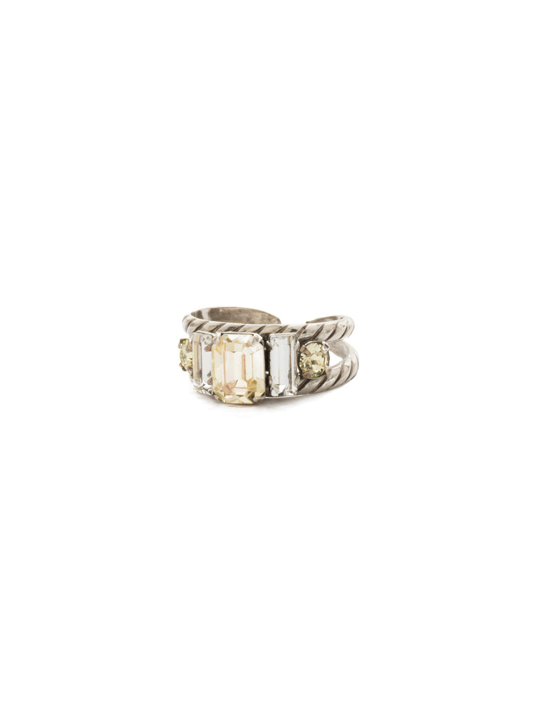 Petite Geo Cocktail Ring - RDG78ASLZ - <p>Emerald-cut, baguette, and round crystals all sit in a row on this geometric ring. A braided, double band features a decorative metal design Ring size: 7 (US) From Sorrelli's Lemon Zest collection in our Antique Silver-tone finish.</p>