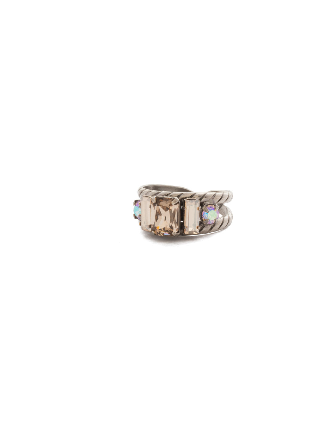 Petite Geo Cocktail Ring - RDG78ASMIR - <p>Emerald-cut, baguette, and round crystals all sit in a row on this geometric ring. A braided, double band features a decorative metal design Ring size: 7 (US) From Sorrelli's Mirage collection in our Antique Silver-tone finish.</p>