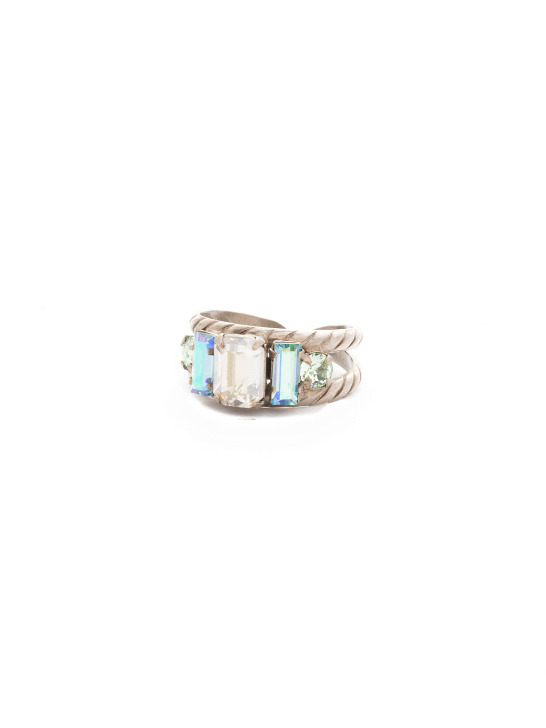 Petite Geo Cocktail Ring - RDG78ASPRP - <p>Emerald-cut, baguette, and round crystals all sit in a row on this geometric ring. A braided, double band features a decorative metal design Ring size: 7 (US) From Sorrelli's Pastel Prep collection in our Antique Silver-tone finish.</p>