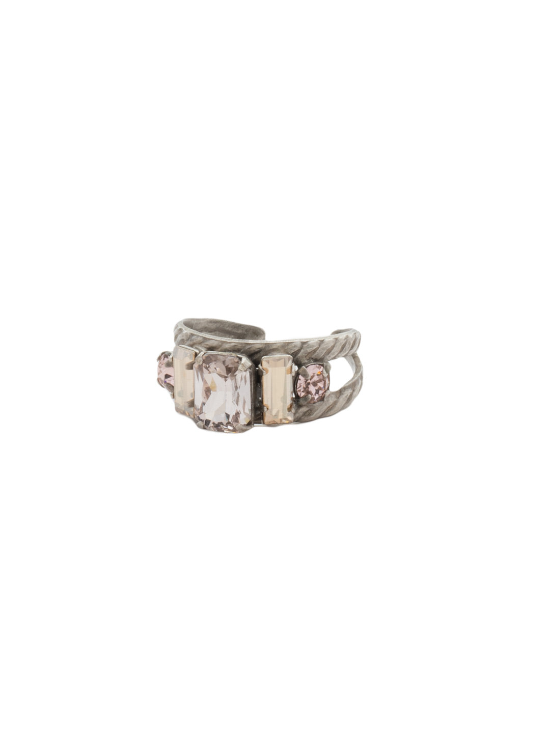 Petite Geo Cocktail Ring - RDG78ASSBL - <p>Emerald-cut, baguette, and round crystals all sit in a row on this geometric ring. A braided, double band features a decorative metal design Ring size: 7 (US) From Sorrelli's Satin Blush collection in our Antique Silver-tone finish.</p>