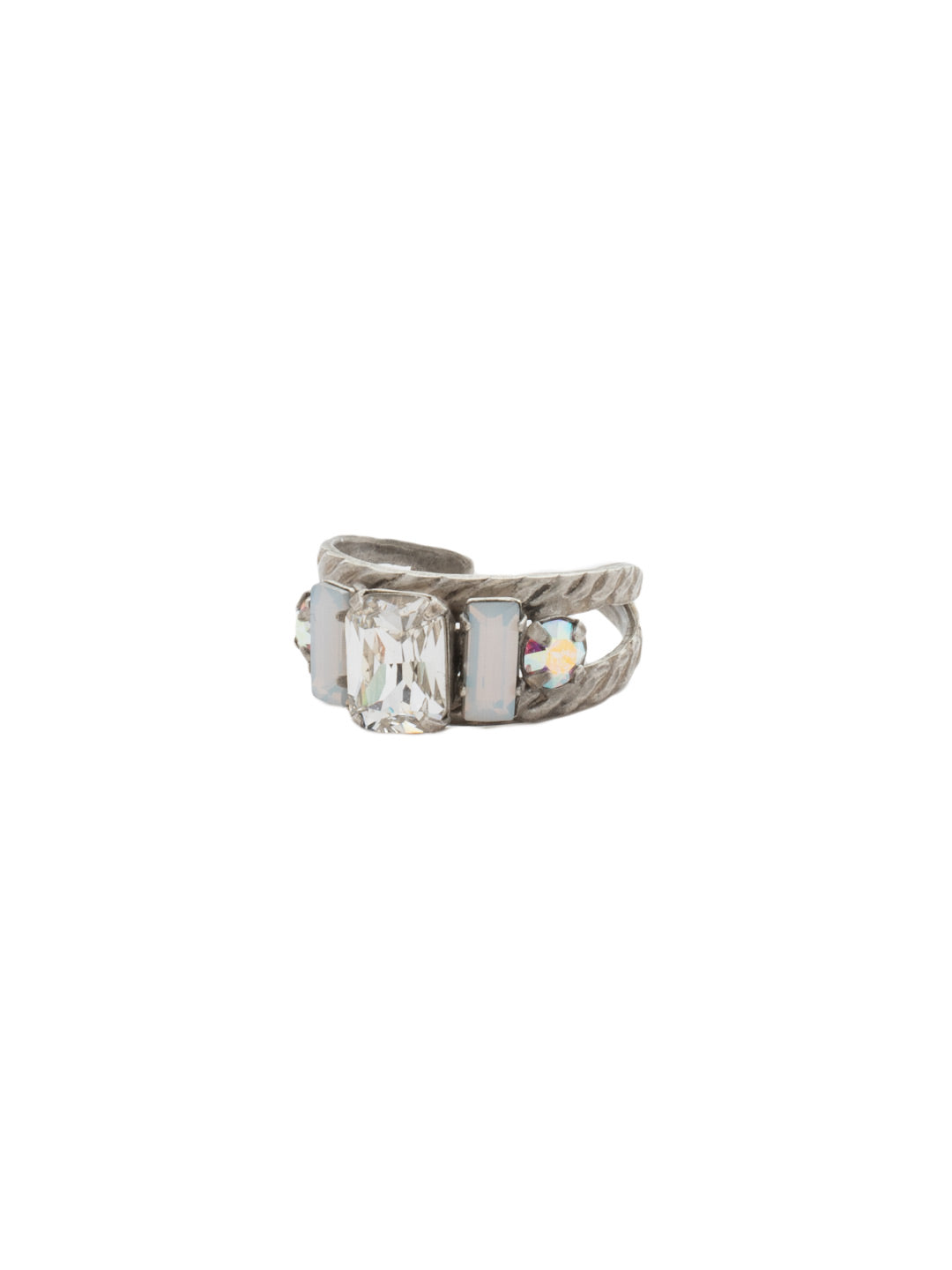 Petite Geo Cocktail Ring - RDG78ASWBR - <p>Emerald-cut, baguette, and round crystals all sit in a row on this geometric ring. A braided, double band features a decorative metal design Ring size: 7 (US) From Sorrelli's White Bridal collection in our Antique Silver-tone finish.</p>