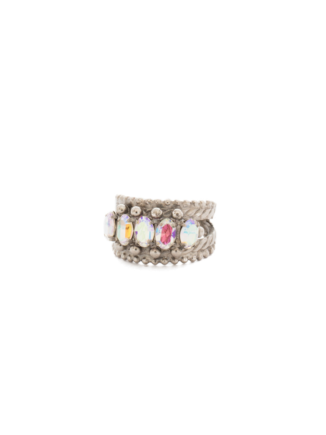 Crown Jewel Cocktail Ring - RDH2ASRQ - <p>Our Crown Jewel Statement Ring has 5 crystals set in beautiful brass detail. Stack this ring with others or wear it alone - either way, it's the perfect accessory! Ring size: 7 (US) From Sorrelli's Rainbow Quartz collection in our Antique Silver-tone finish.</p>