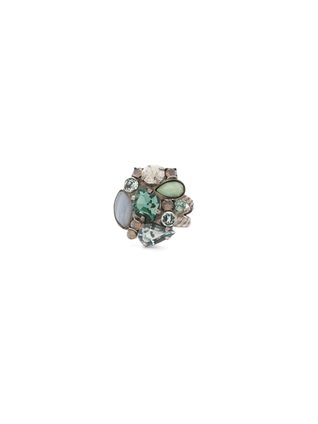 Contemporary Cluster Cocktail Ring - RDK15ASPEB - <p>A modern mixture, featuring multi-cut crystals and semi-precious stones in a cluster pattern atop a braided double-band featuring a decorative metal design. Ring size: 7 (US) From Sorrelli's Pebble Blue collection in our Antique Silver-tone finish.</p>