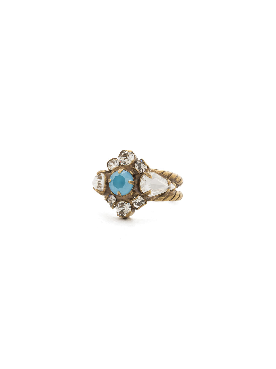 Delicate Dart Band Ring - RDM48AGSMR - <p>Delicate Summer Blue crystals are accented by clear stones in this lovely ring with dual band detail. Ring size: 7 (US) From Sorrelli's Denim Blue collection in our Antique Gold-tone finish.</p>