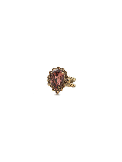 Simply Adorned Pendant Cocktail Ring - RDN12AGMMA - <p>A decorative rhinestone embellished setting highlights a central teardrop crystal. Ring size: 7 (US) From Sorrelli's Mighty Maroon collection in our Antique Gold-tone finish.</p>