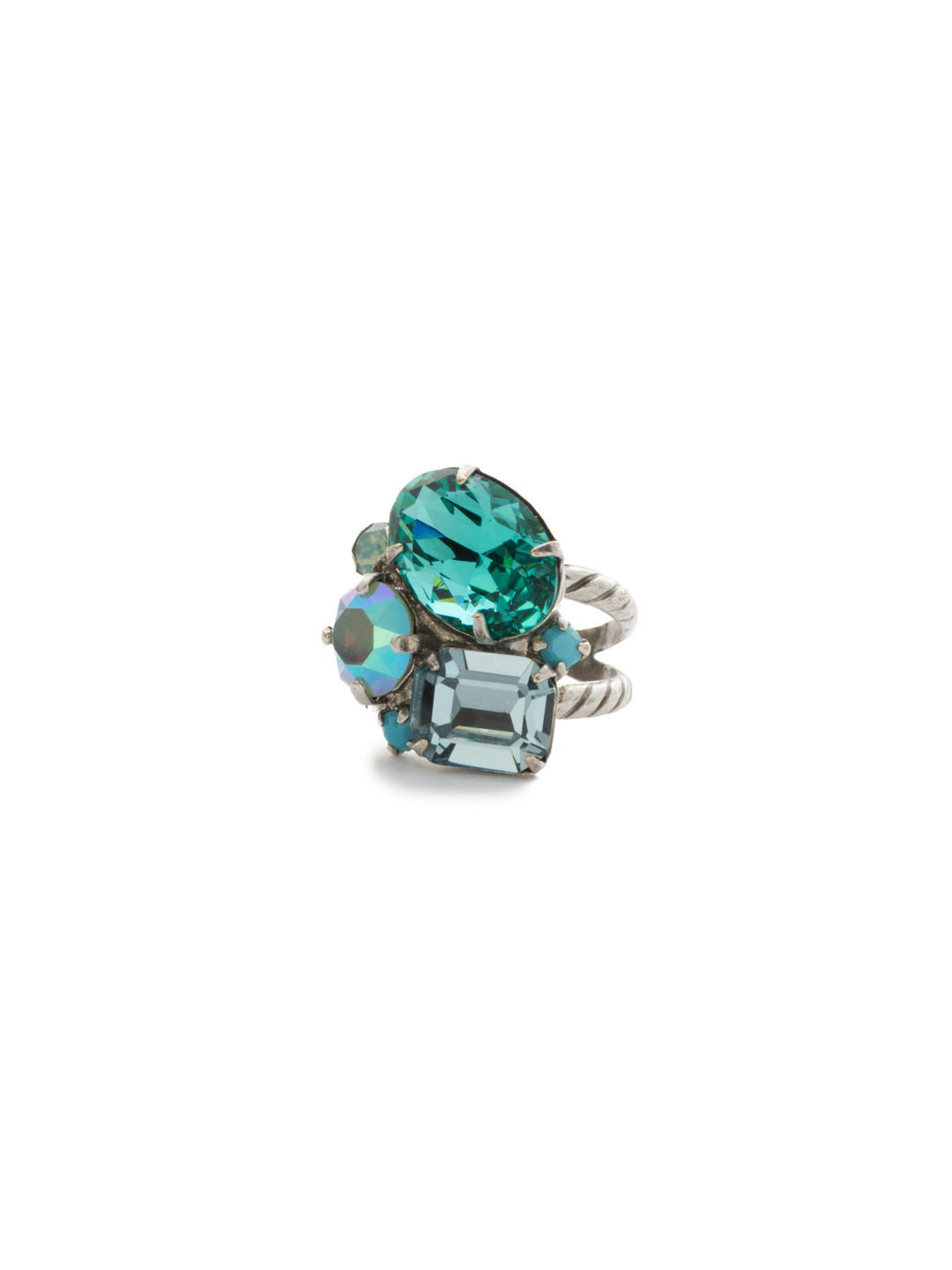 Emerald Cluster Stacked Ring - RDN71ASSMN - <p>A central emerald crystal is surrounded by round and oval stones for a fresh, modern shape. Ring size: 7 (US) From Sorrelli's Sweet Mint collection in our Antique Silver-tone finish.</p>