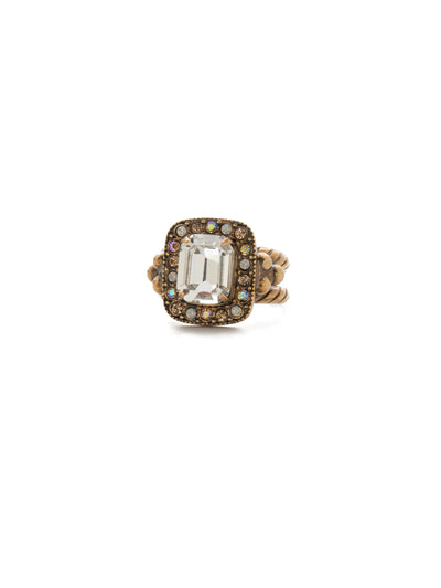 Opulent Octagon Cocktail Ring - RDQ41AGROB - A central crystal surrounded by petite gems perches atop an adjustable double band. From Sorrelli's Rocky Beach collection in our Antique Gold-tone finish.