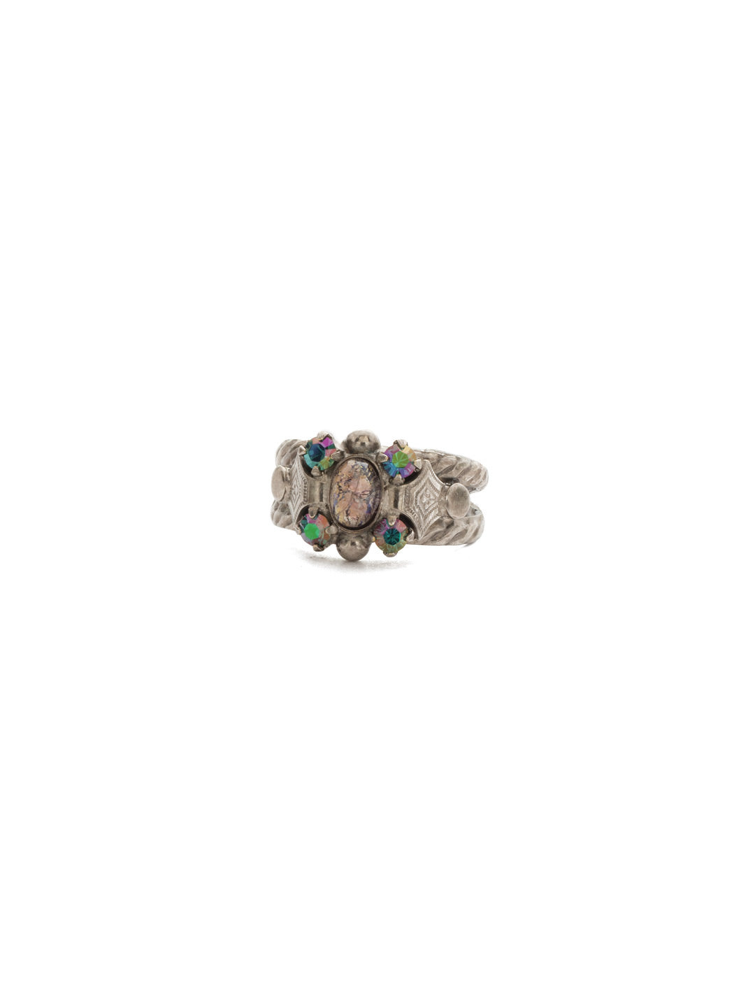 Ornamental Oval Cocktail Ring - RDQ46ASNO - <p>A delicate and decorated metal finding boasts four petite rounds and a beautiful oval cabochon. Ring size: 7 (US) From Sorrelli's Supernova collection in our Antique Silver-tone finish.</p>