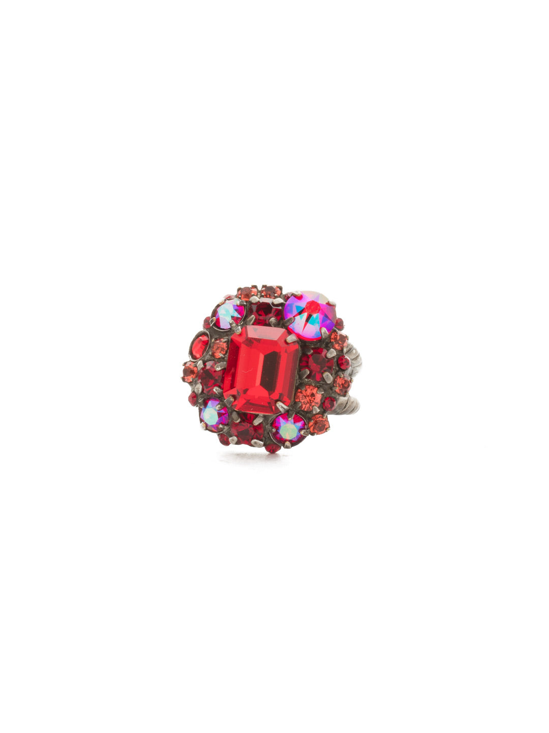 Verbena Cocktail Ring - RDQ60ASRRU - <p>A central emerald cut crystal is highlighted by rounds of varying sizes set in an asymmetrical pattern. Ring size: 7 (US) From Sorrelli's Red Ruby collection in our Antique Silver-tone finish.</p>