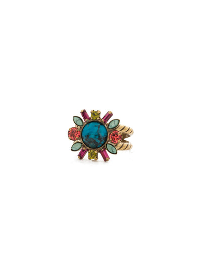 Laelia Cocktail Ring - RDR7AGBOT - <p>Slim baguettes, round crystals and almond-shaped semi-precious stones radiate from a central round cabochon in this notice-me style. Ring size: 7 (US) From Sorrelli's Botanical Brights collection in our Antique Gold-tone finish.</p>