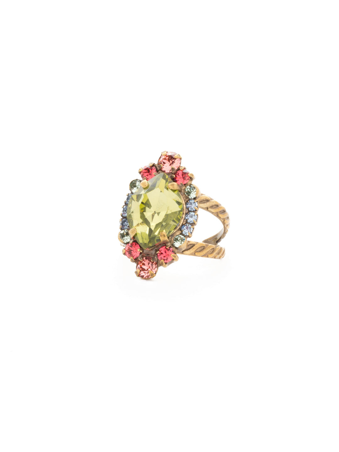 Eustoma Cocktail Ring - RDS44AGBHB - <p>A geometric gem surrounded by petite rounds of alternating colors. This fun ring offers just the right pop of sparkle. Ring size: 7 (US) From Sorrelli's Bohemian Bright collection in our Antique Gold-tone finish.</p>