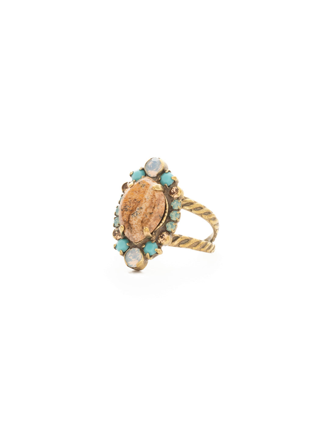 Eustoma Cocktail Ring - RDS44AGDW - <p>A geometric gem surrounded by petite rounds of alternating colors. This fun ring offers just the right pop of sparkle. Ring size: 7 (US) From Sorrelli's Driftwood collection in our Antique Gold-tone finish.</p>