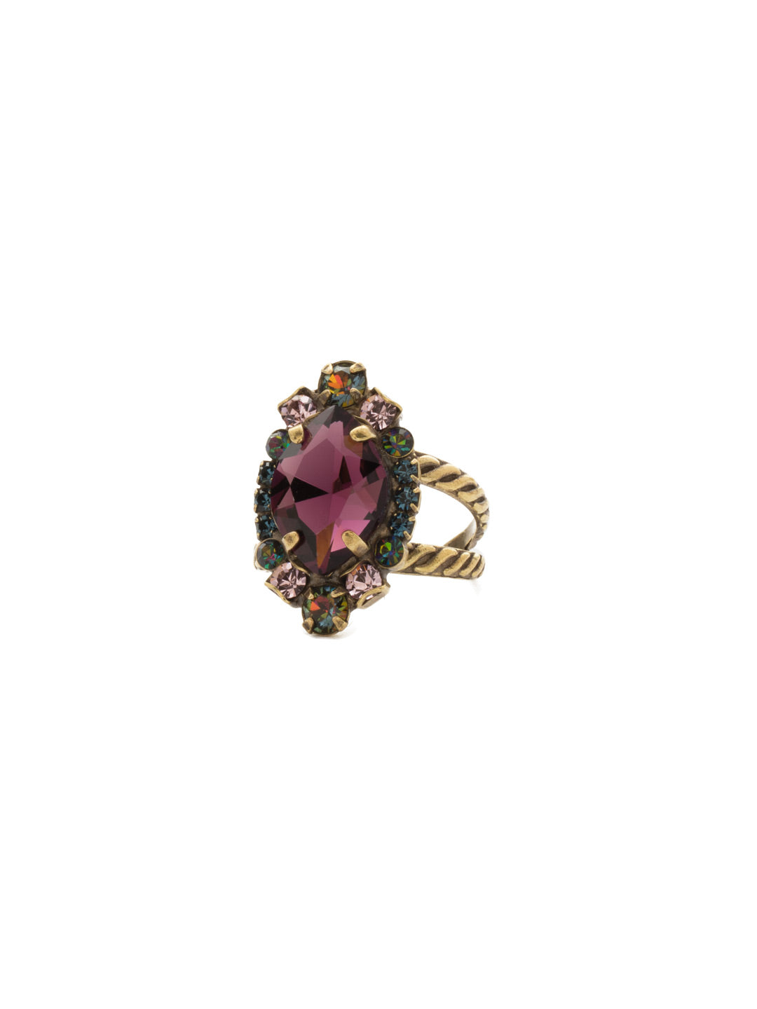 Eustoma Cocktail Ring - RDS44AGROP - <p>A geometric gem surrounded by petite rounds of alternating colors. This fun ring offers just the right pop of sparkle. Ring size: 7 (US) From Sorrelli's Royal Plum collection in our Antique Gold-tone finish.</p>