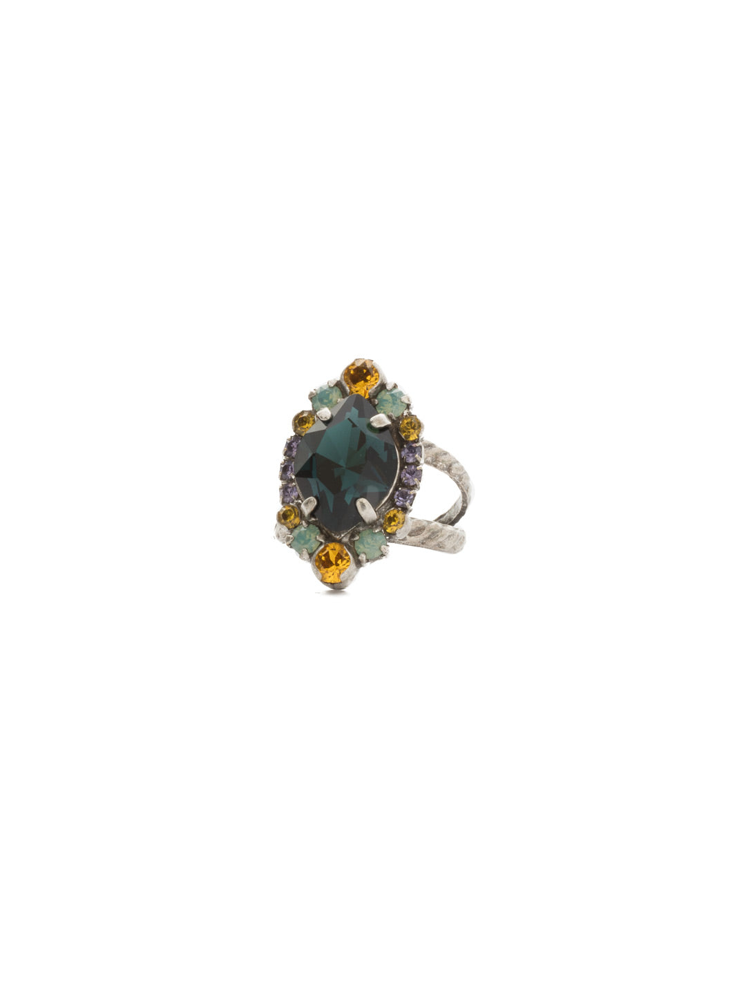 Eustoma Cocktail Ring - RDS44ASMLS - <p>A geometric gem surrounded by petite rounds of alternating colors. This fun ring offers just the right pop of sparkle. Ring size: 7 (US) From Sorrelli's Moonlit Shores collection in our Antique Silver-tone finish.</p>