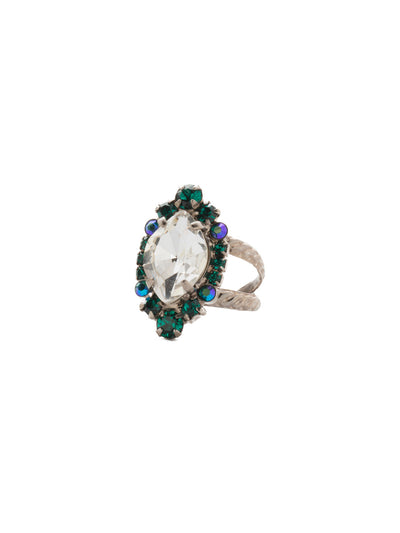 Eustoma Cocktail Ring - RDS44ASSNM - <p>A geometric gem surrounded by petite rounds of alternating colors. This fun ring offers just the right pop of sparkle. Ring size: 7 (US) From Sorrelli's Snowy Moss collection in our Antique Silver-tone finish.</p>