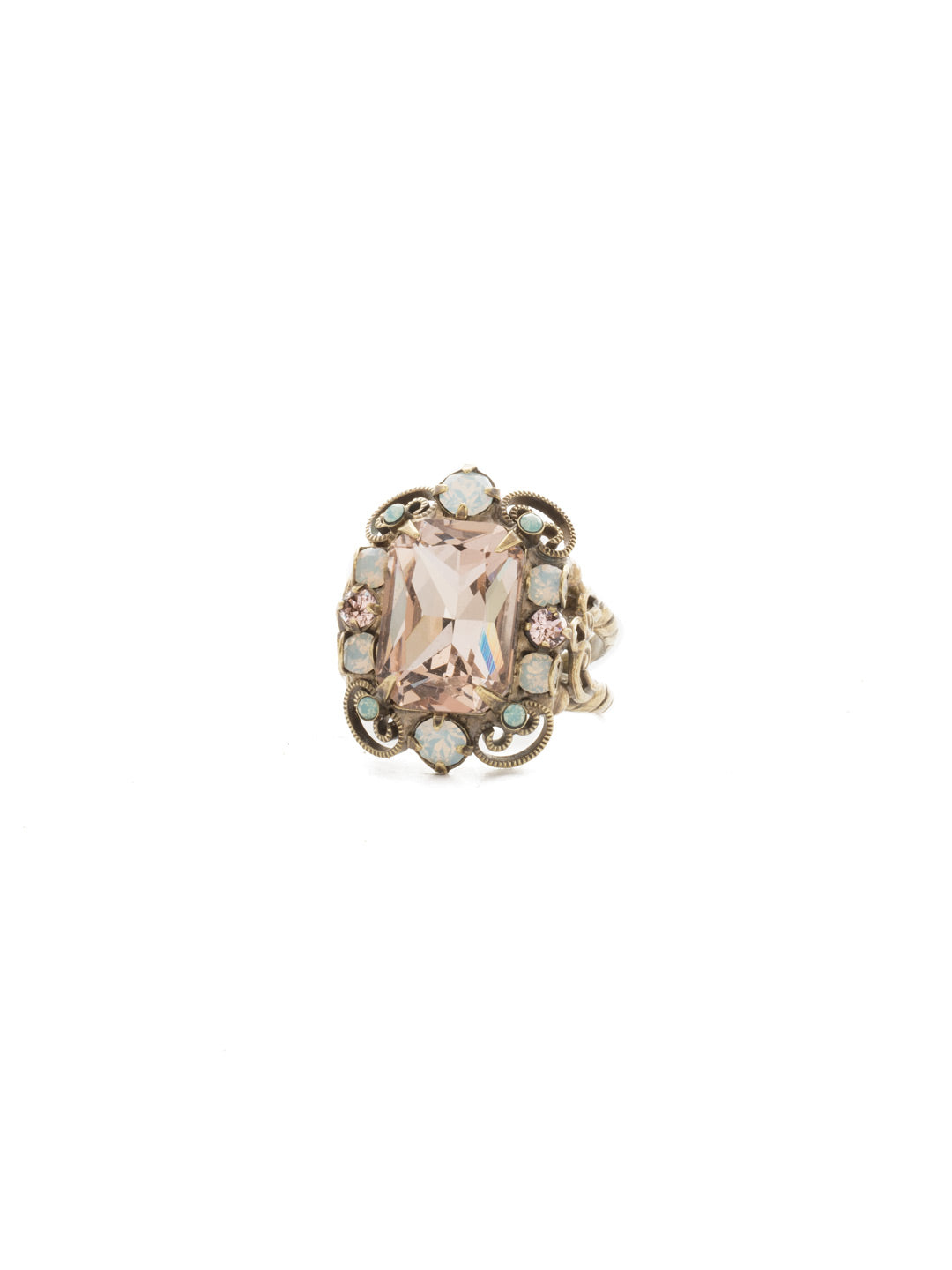 Sugar Maple Cocktail Ring - RDU38AGWMA - <p>A cushion crystal accented with metal loops, and circular crystals to create symmetry and a double band complete this design. Ring size: 7 (US) From Sorrelli's White Magnolia collection in our Antique Gold-tone finish.</p>