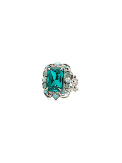 Sugar Maple Cocktail Ring - RDU38ASSMN - <p>A cushion crystal accented with metal loops, and circular crystals to create symmetry and a double band complete this design. Ring size: 7 (US) From Sorrelli's Sweet Mint collection in our Antique Silver-tone finish.</p>