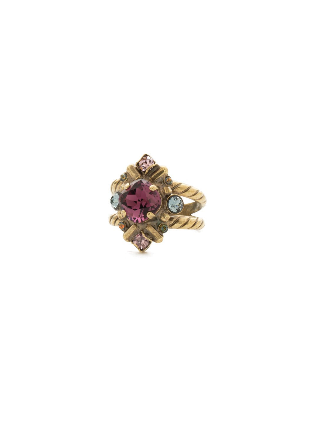 Stonecrop Cocktail Ring - RDX4AGROP - <p>A cushion cut stone in a detailed metal setting accented with petite round crystals. Ring size: 7 (US) From Sorrelli's Royal Plum collection in our Antique Gold-tone finish.</p>