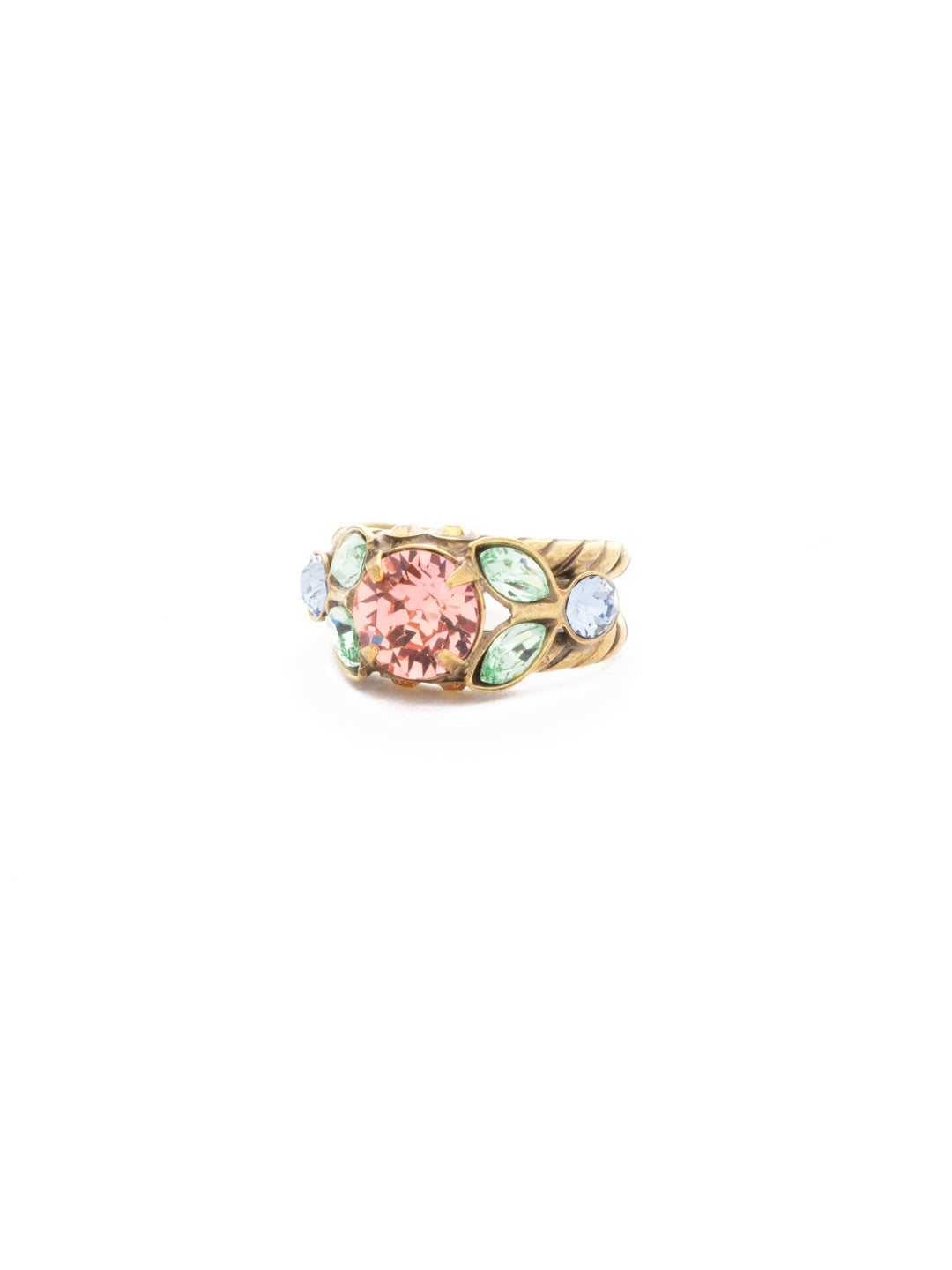 Simona Cocktail Ring - REA4AGBHB - <p>A beautiful and eye-catching round crystal centers our Simona ring, with navette and round crystals adorning the sides Ring size: 7 (US) From Sorrelli's Bohemian Bright collection in our Antique Gold-tone finish.</p>